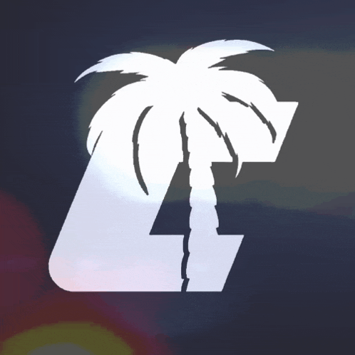 a white logo with a palm tree and the letter l on a dark background