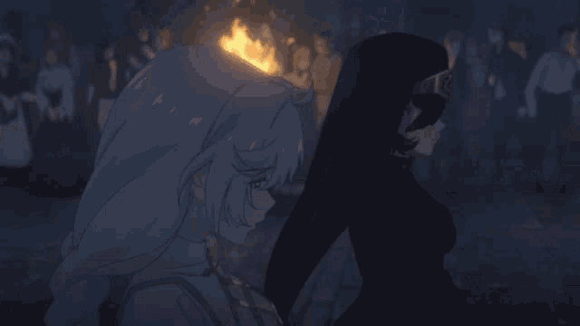 two anime characters are standing next to each other in front of a crowd