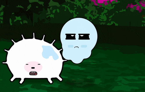 a cartoon drawing of a ghost and a white ball with spikes