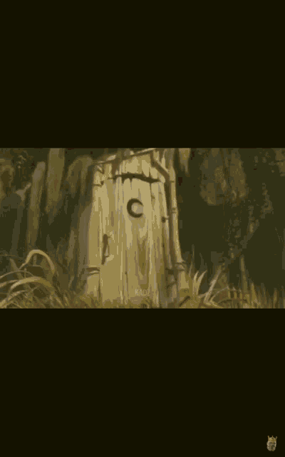 a cartoon drawing of a wooden outhouse with the letter c on it