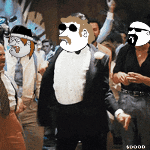 a cartoon of a man in a tuxedo with sunglasses and a mustache is titled $ dood