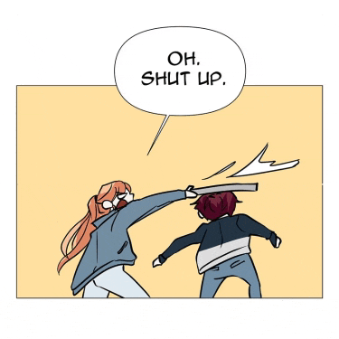 a cartoon of two people fighting with a speech bubble saying oh shut up