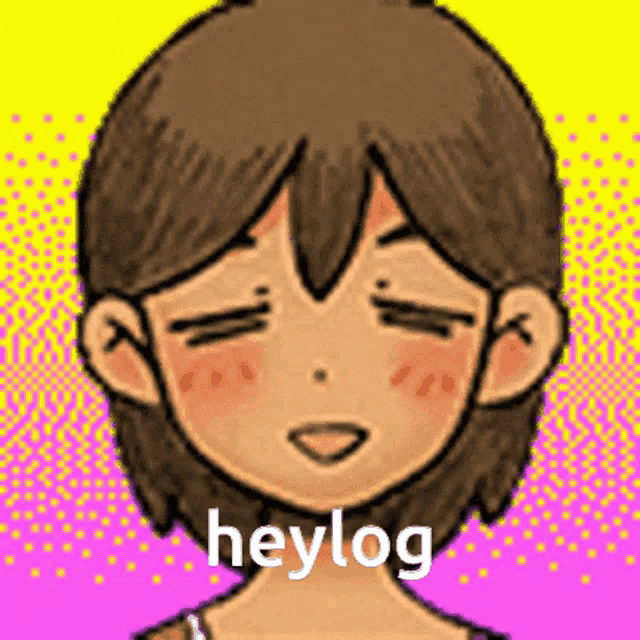 a cartoon of a girl with her eyes closed and the words heylog written on the bottom .