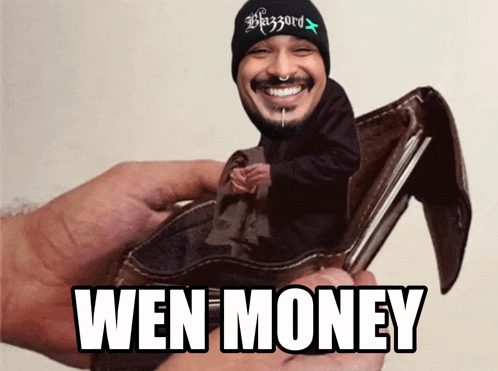 a person is holding a wallet with a picture of a man in it and the words wen money on it