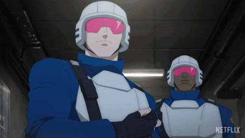 two soldiers are standing next to each other in a hallway with a netflix logo in the corner