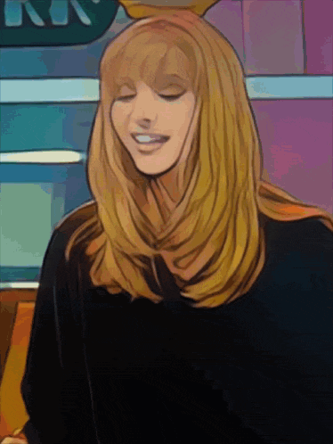 a woman with blonde hair is smiling with her eyes closed in a cartoon