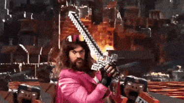 a man in a pink jacket is holding a sword in a video game