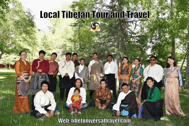 a group of people posing for a picture with the words local tibetan tour and travel written above them