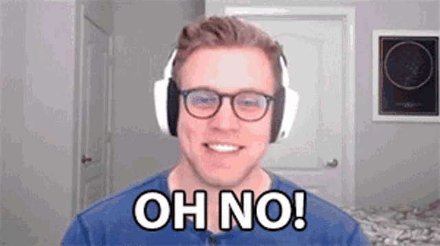 a man wearing headphones and glasses is saying oh no .