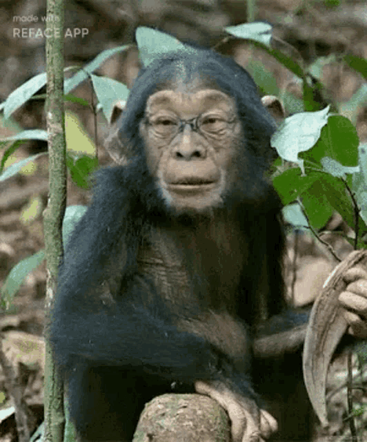 a chimpanzee wearing glasses is sitting on a tree branch in the jungle .
