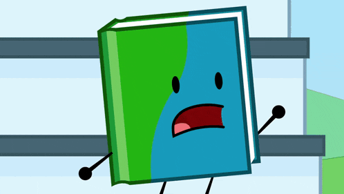 a cartoon drawing of a book with a face and arms