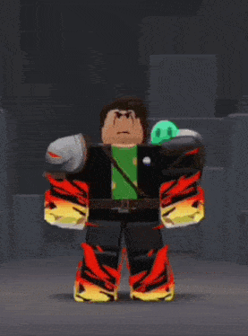 a cartoon character with a green shirt and red and yellow arms