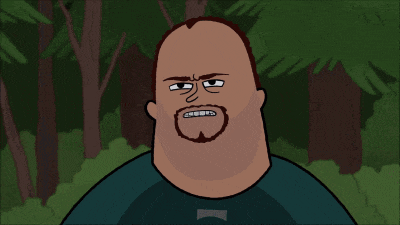 a cartoon man points at a picture of a man and the word rue