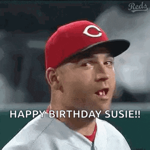 a baseball player wearing a red hat with the letter c on it is saying `` happy birthday susie '' .