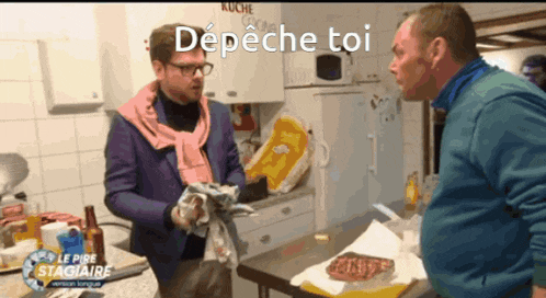 two men are standing in a kitchen with the words depeche toi written above them