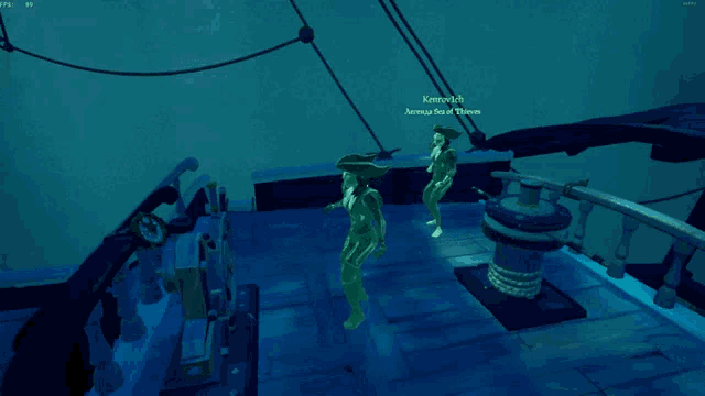 a screenshot of a video game shows two skeletons named kermit and amanda standing on a boat
