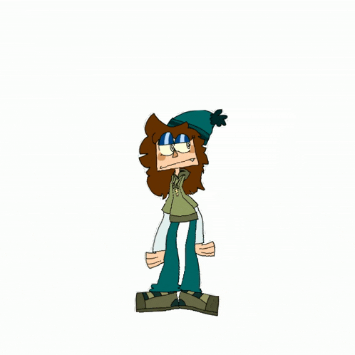a cartoon character with long brown hair and a blue hat