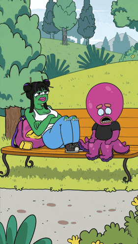 a cartoon of a woman and an octopus on a park bench