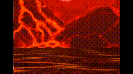 a painting of a volcano erupting in the middle of the ocean .