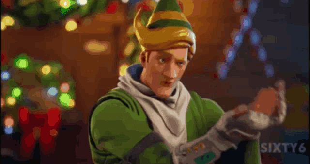 a cartoon elf is standing in front of a christmas tree and says sixty6 on the bottom