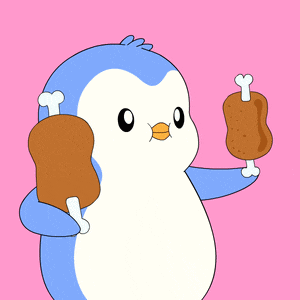 a cartoon penguin is holding a piece of chicken