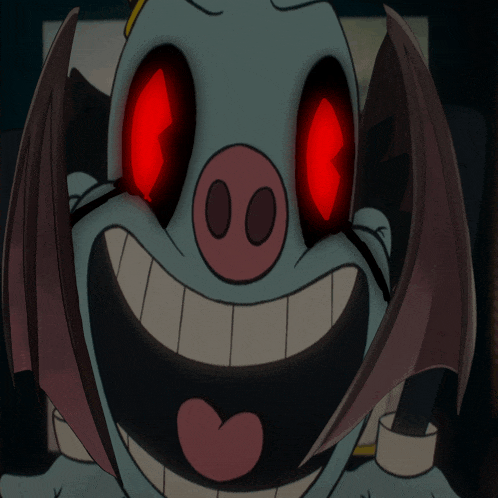 a cartoon character with red eyes and wings has a heart in his mouth