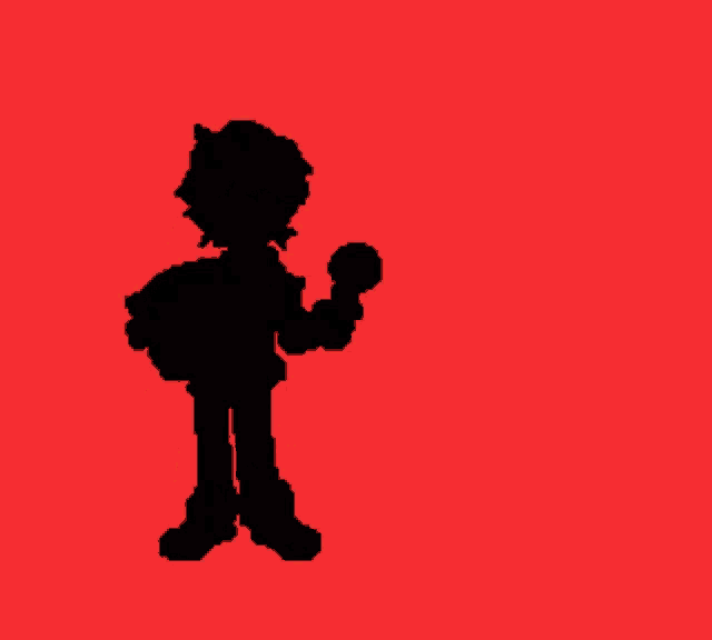 a pixel art drawing of a cartoon character with a red background .