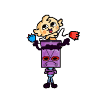 two cartoon characters are standing next to each other on a white background . one of the characters is holding a balloon .