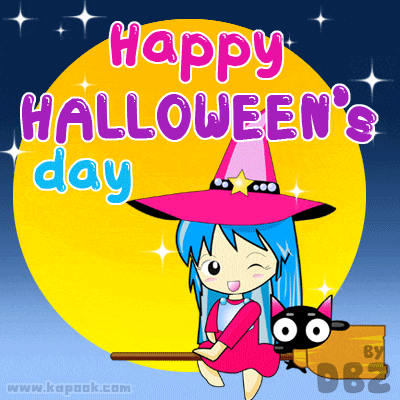 a happy halloween 's day greeting card with a witch on a broomstick