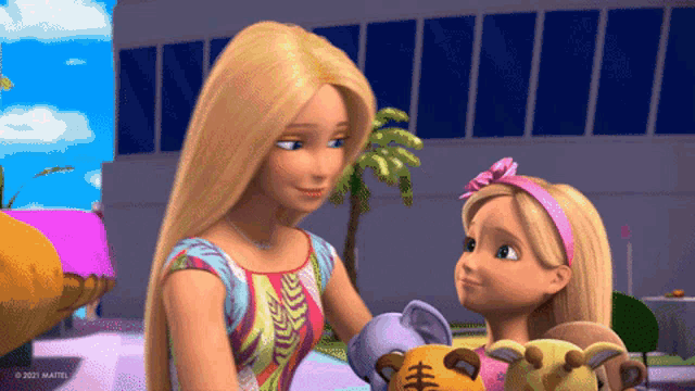 a barbie and a little girl are standing next to each other in a cartoon