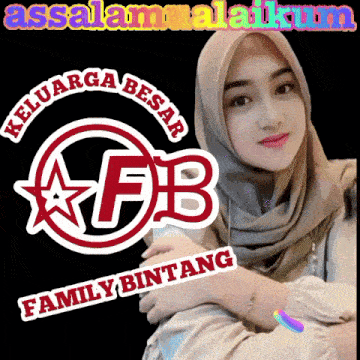a woman wearing a hijab stands in front of a logo for keluarga besar fb family bintang