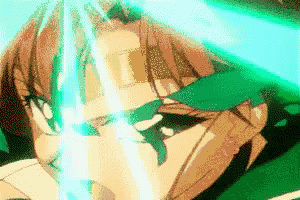 a close up of a cartoon character 's face with a green light coming out of it .