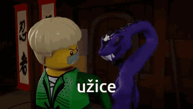 a lego figure with a purple snake and the word uzice on the bottom right