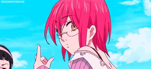 a girl with pink hair is wearing glasses and giving a peace sign