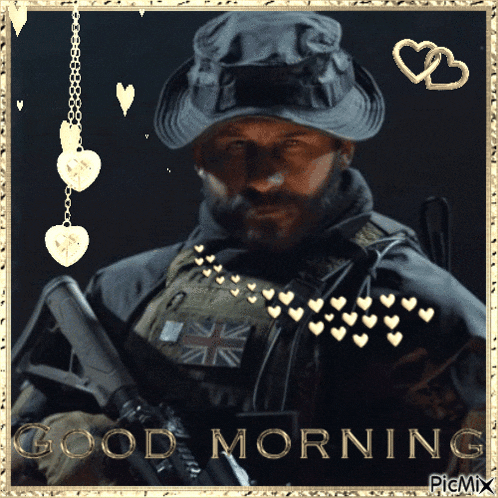 a picture of a man with a gun and the words good morning on the bottom