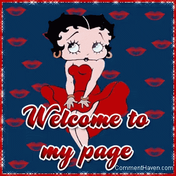 betty boop says welcome to my page on a blue background with red lips