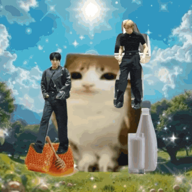 two men standing next to a giant cat with a bottle of milk