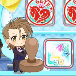 a cartoon character is holding a stamp that says get !!!