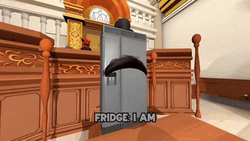 a cartoon of a fridge with the words fridge i am on it