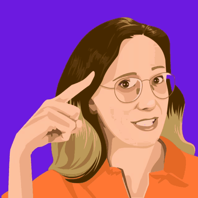 a cartoon of a woman wearing glasses and an orange shirt
