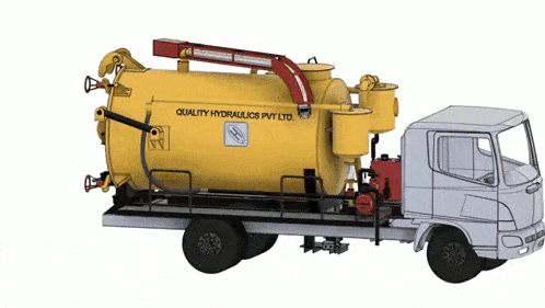 a yellow truck that says quality hydraulics pvt ltd on it