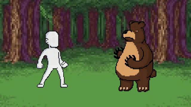 a pixel art of a man standing next to a brown bear