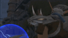 a cartoon character is standing next to a blue ball with lightning coming out of it .