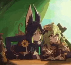 two anime characters are sitting next to each other at a table .