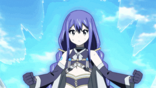 a girl with purple hair and black gloves is standing in front of a blue sky