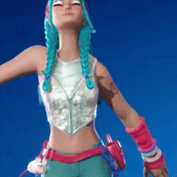 a woman with blue hair is wearing a crop top and green pants .