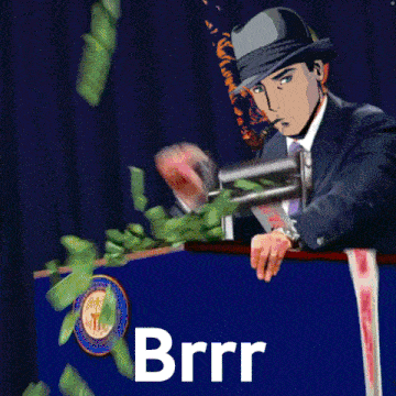 a man in a suit and hat is holding a gun in front of a sign that says " brrr "