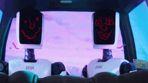 two robots in a car with pal written on the back