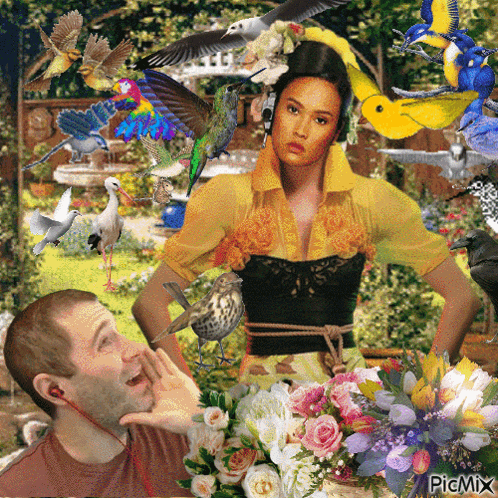 a woman in a yellow top is surrounded by birds and flowers and a man is talking to her