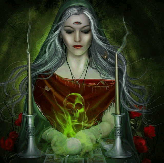 a painting of a woman with a skull on her top